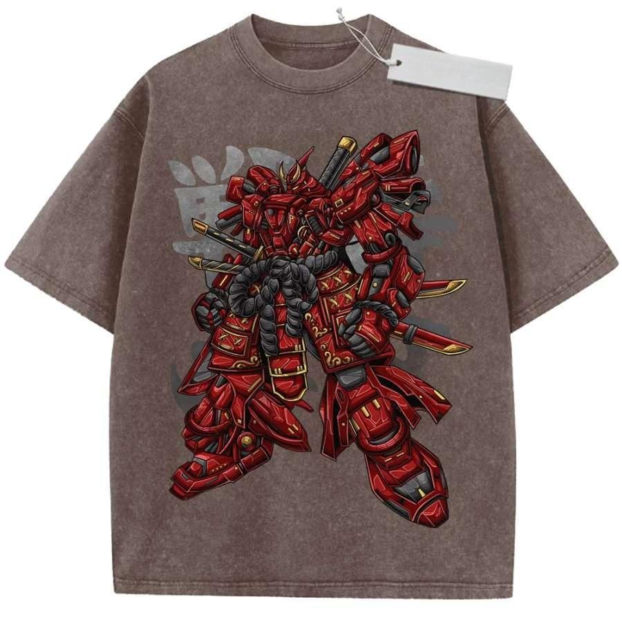 Summer Mens Black Washed T  Shirt Mobile Suit Gundam Red Samurai Mecha Gold Sword High  Quality Fabric for Casual