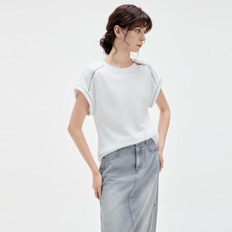 ELLE Women's Embroidered Round Neck Short Sleeve T-Shirt