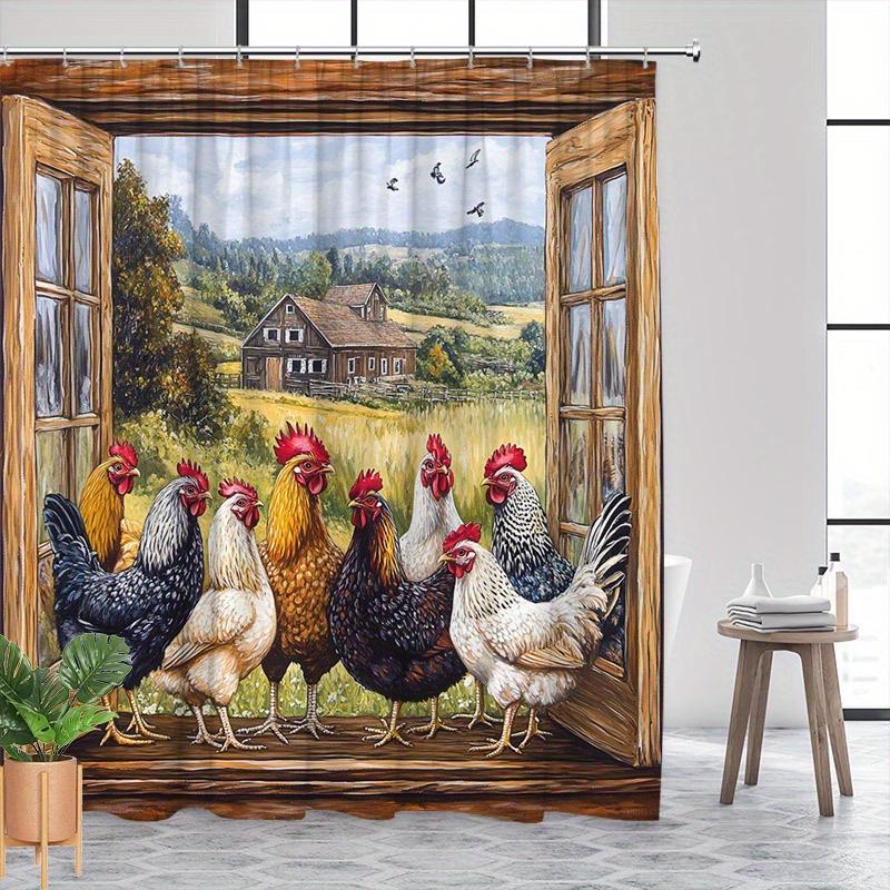 Rustic Farmhouse Shower Curtain Chicken Scene Wooden Coop Barn Hills Polyester Machine Washable Includes 12 Hooks