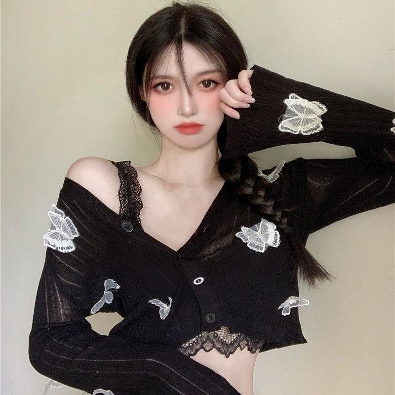Butterfly Knit Cardigan Women Korean Sexy Short Cardigan Summer Sunscreen Long-sleeved Jacket Knitted Crop Top