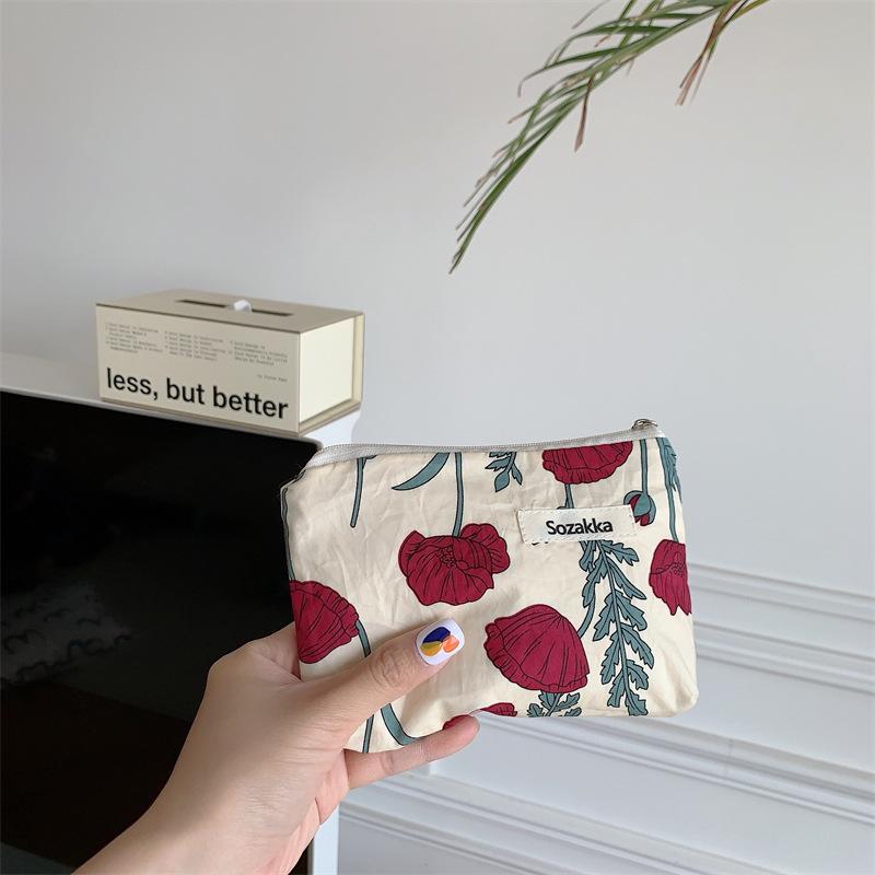 Trendy Street Style Cotton Makeup Bag Floral Design Soft Pouch Drawstring