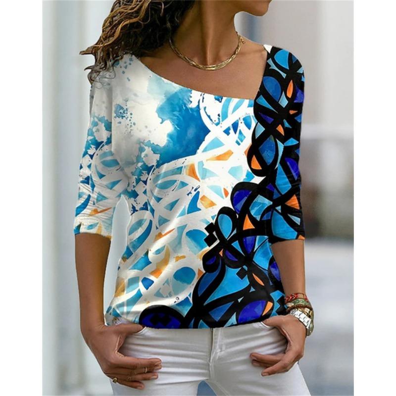 Women's T Shirt Characteristic Diagonal Neck Irregular Flower Digital 3D Print Ladies Wear Fashion Street Harajuku Ladies Tee