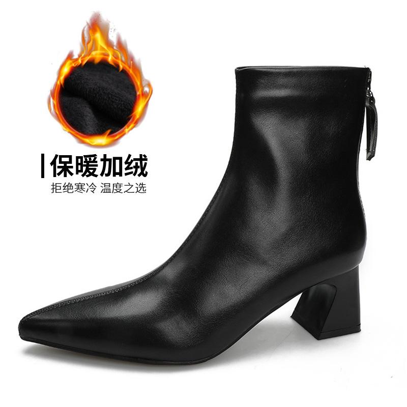 2024 podzimní a zimní nové korejské špičaté kotníkové boty dámské korejského stylu zadní zip silný podpatek boty dětské béžové vysoký podpatek dámské bo