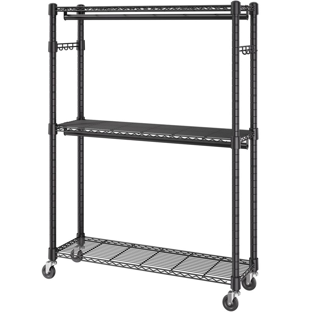 Heavy Duty Clothes Rack, Rolling Clothing Garment Rack with 3 Storage Tiers, 2 Rods and 2 Pairs Side Hooks, Adjustable Height Clothing Rack Closet for