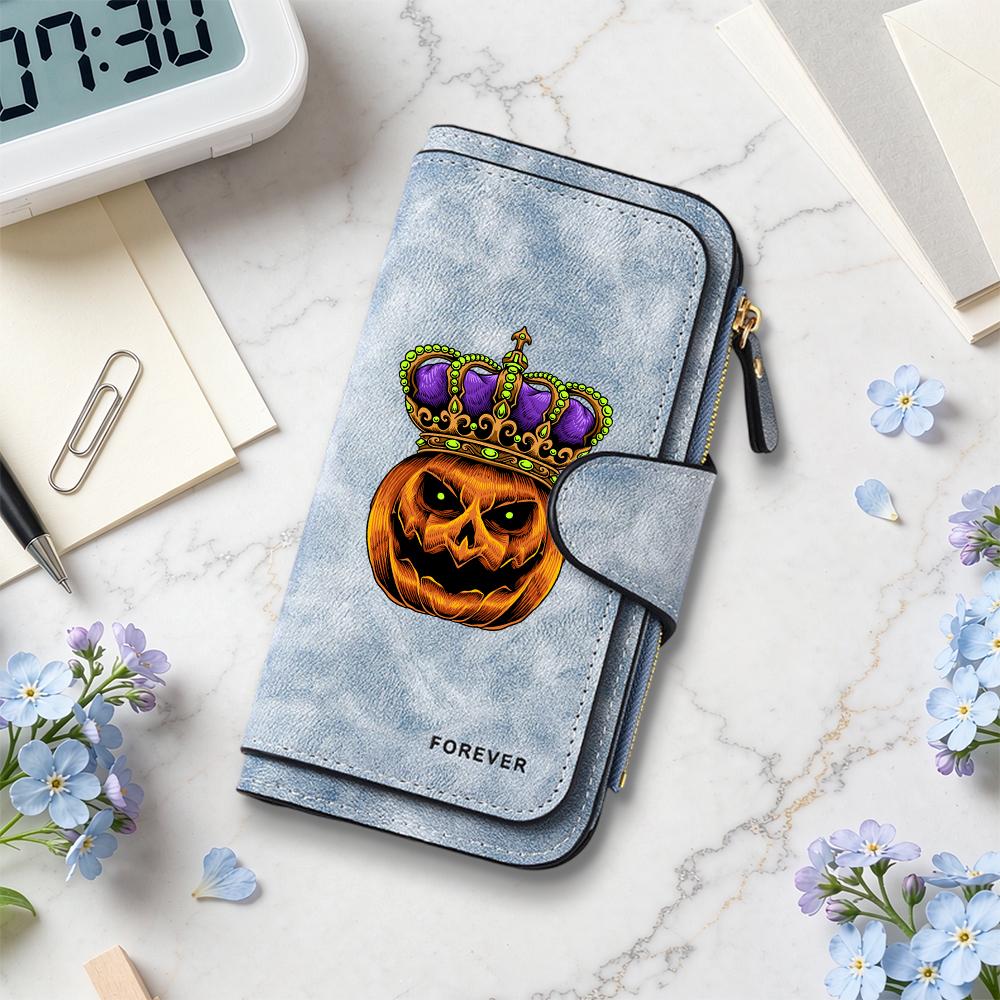 Halloween Crown Pumpkin Pattern Long Wallet for Daily Use