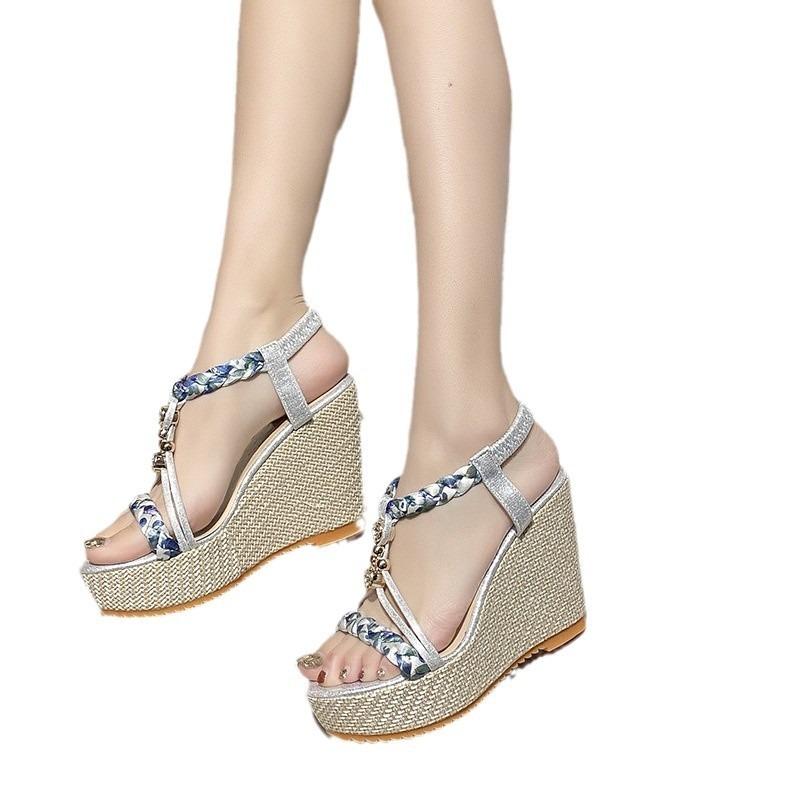 Spring and Summer New Thick-soled Wedge-heeled Women's Sandals Color-matching Fabric Weaving Open-toed Empty Casual Muffin Fashion Sandals