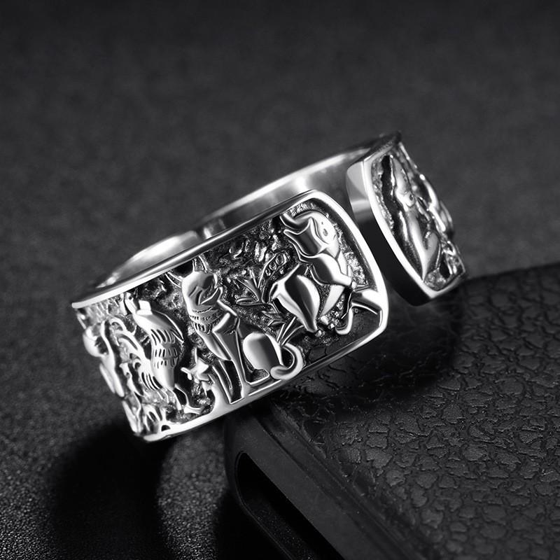 Adjustable Open Ring Men Women Vintage Zodiac Animal Sign Plated Geometric Design