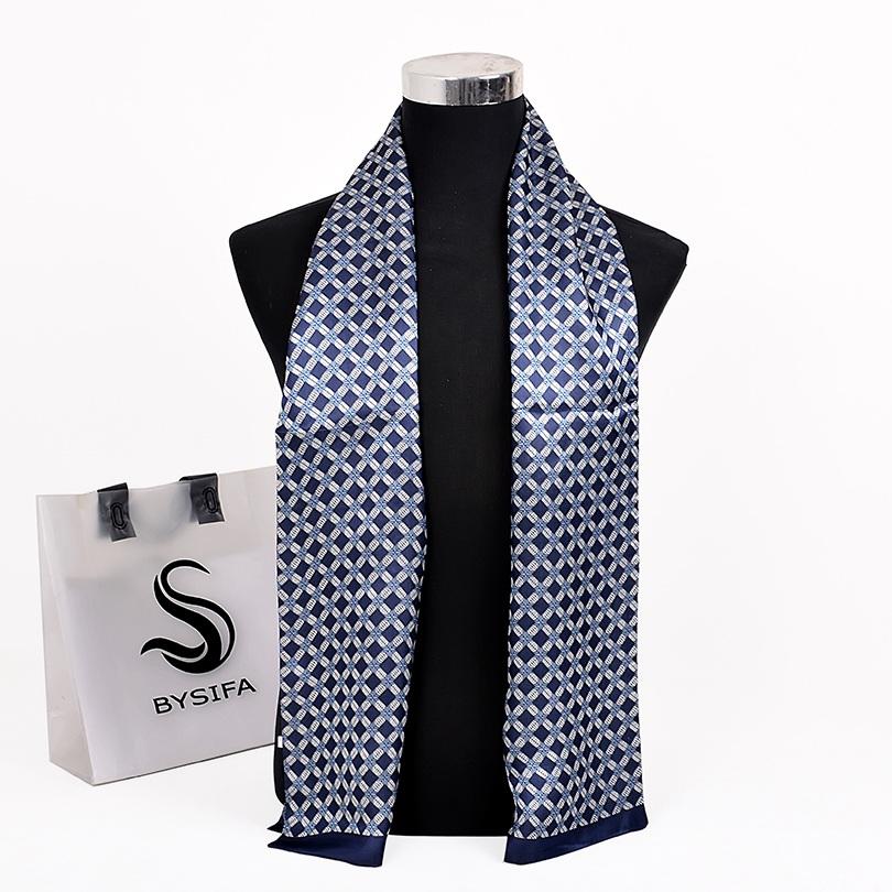 [BYSIFA] Brand Men Silk Scarf Muffler Winter Fashion Accessory 100% Pure Silk Male Plaid Long Scarves Cravat Navy Blue 160*26cm