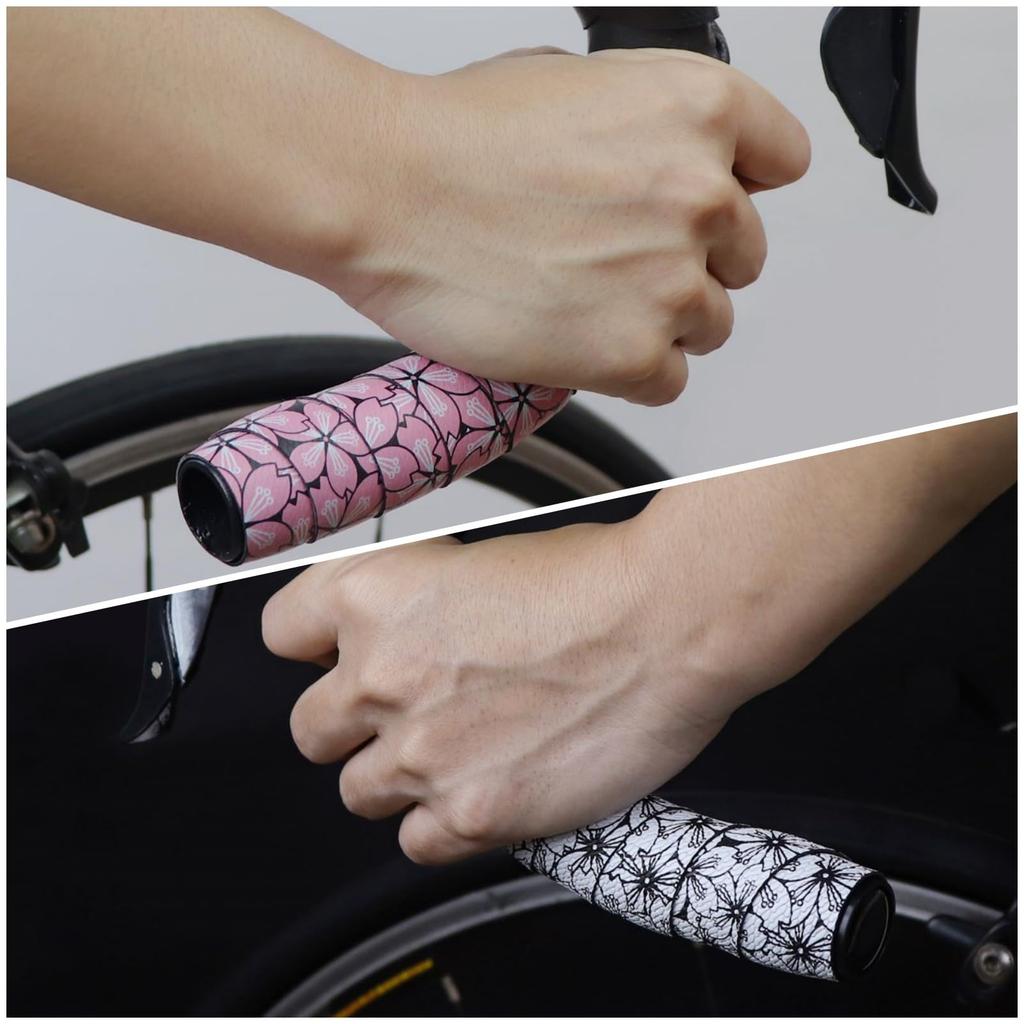 COZENTA Bicycle Bar Tape for Drop Road with End Left and Right Cherry Blossom Pattern Handlebars, Bikes, Plugs, Set, (Black/Green)