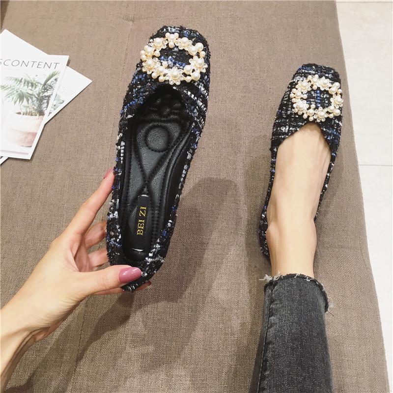 Fashion String Bead Flats Women Round Buckle Ballet Shoes Shallow Moccasins Femme Square Toe Mixed Colors Tweed Fabric Ballerinas Ladies