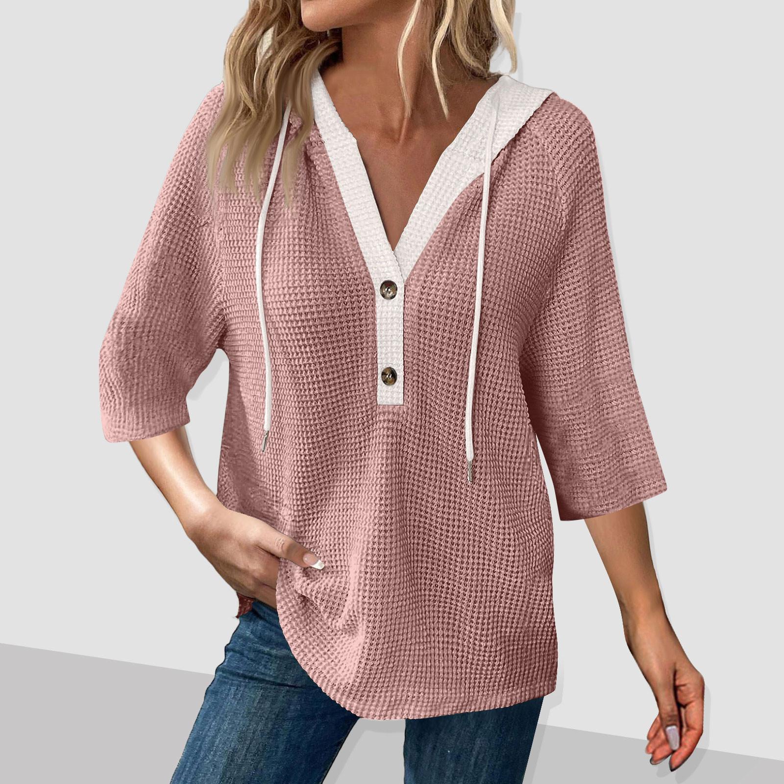 

Женская мода цвет блок рукава капюшон пуговицы V-образный вырез повседневный капюшон толстовка топ XXXL розовый