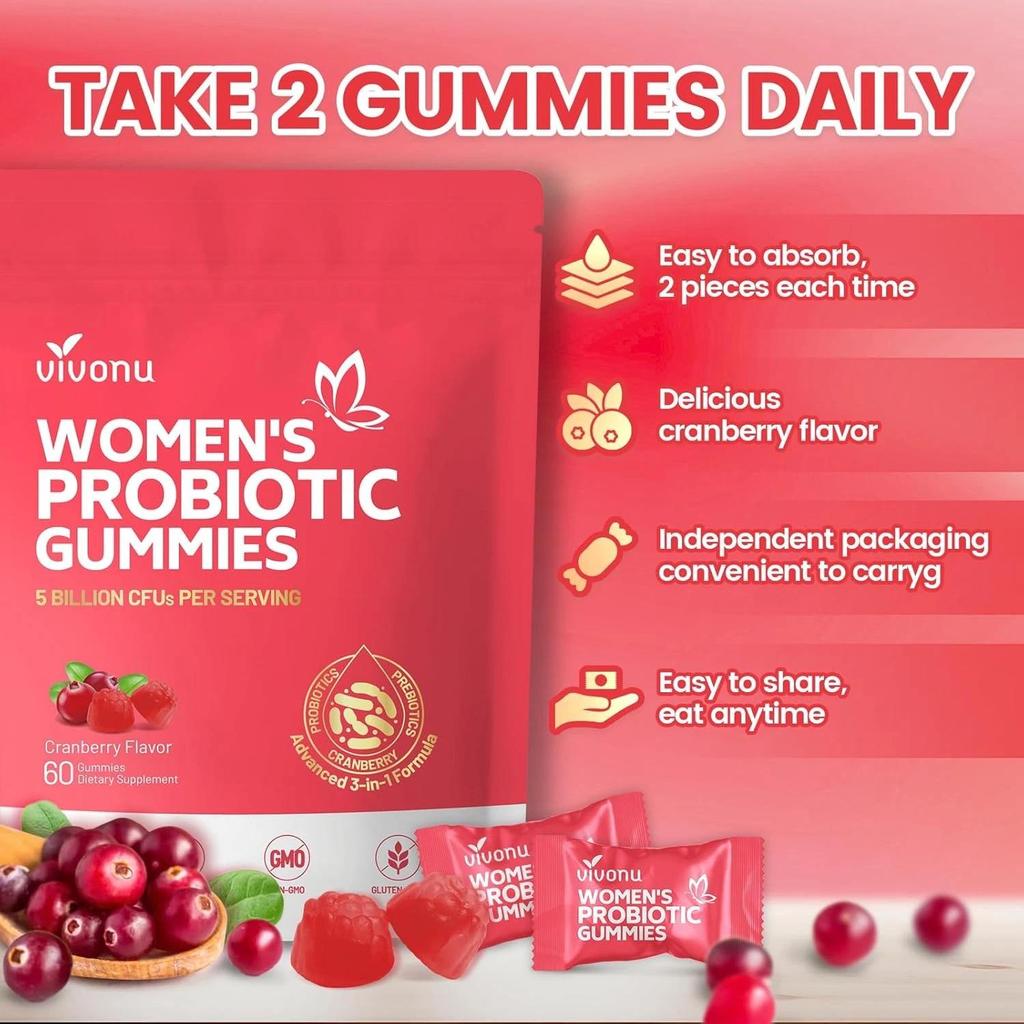 60 Women Probiotic Gummies, Probiotics for Women, Cranberry Flavour, 5 Billion CFU for Intimate and Digestive Health