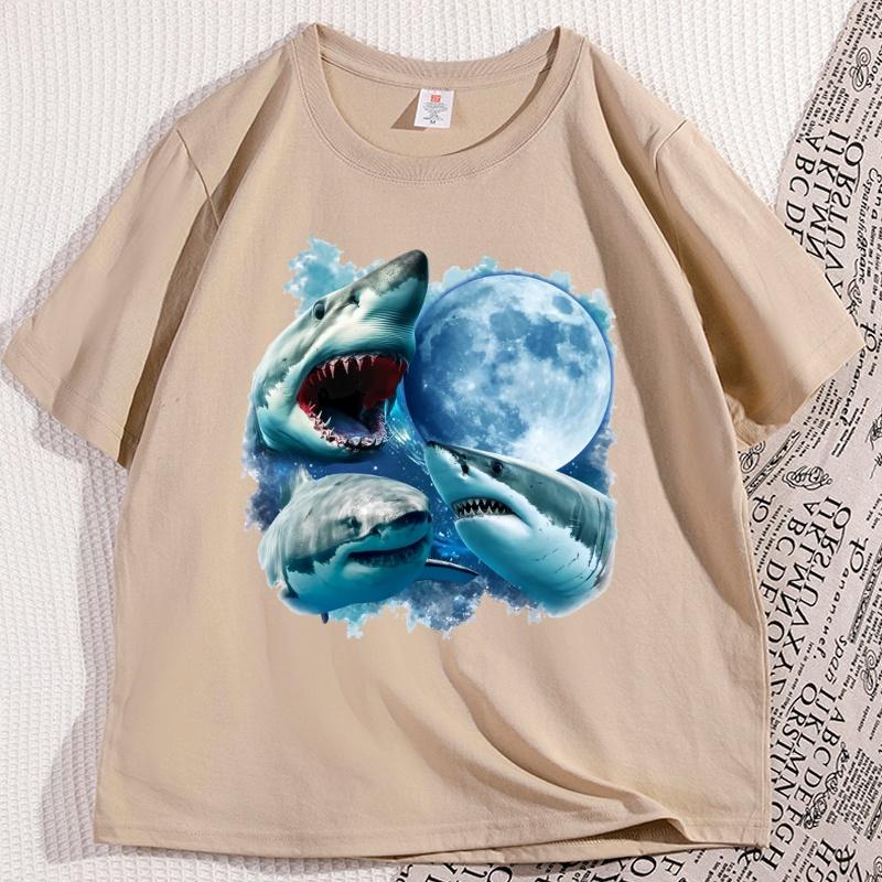 Sharks and Moon Vintage Graphic Tshirts Casual Shark Tshirt Shark Ocean Lovers Tees Funny Graphic Tee Cotton Short Sleeve Tops