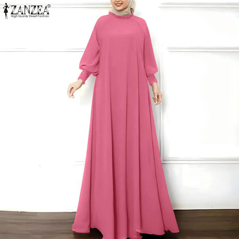 

ZANZEA Women Casual Stand Collar Loose Solid Color Long Sleeve Maxi Dress S зелений