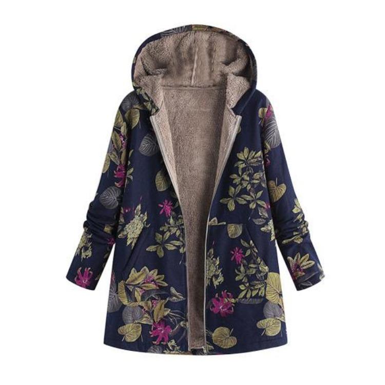 Women Fleece Lining Winter Hooded Coat Floral Leaf Print Long Sleeve