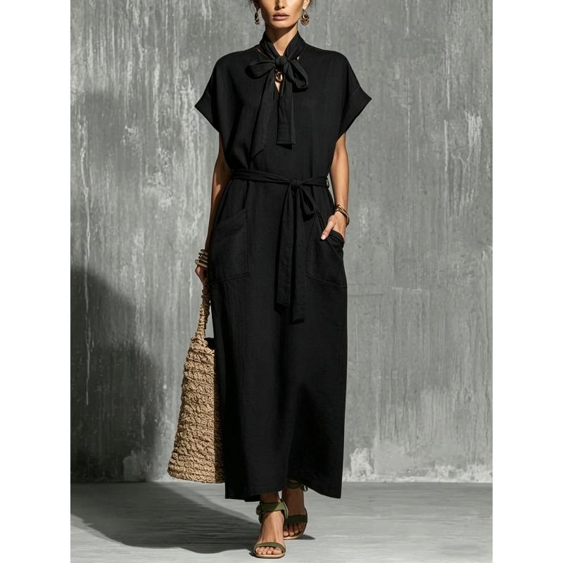 QICED Fashion Summer Spring Solid Color Print Short Sleeve Casual Dresses