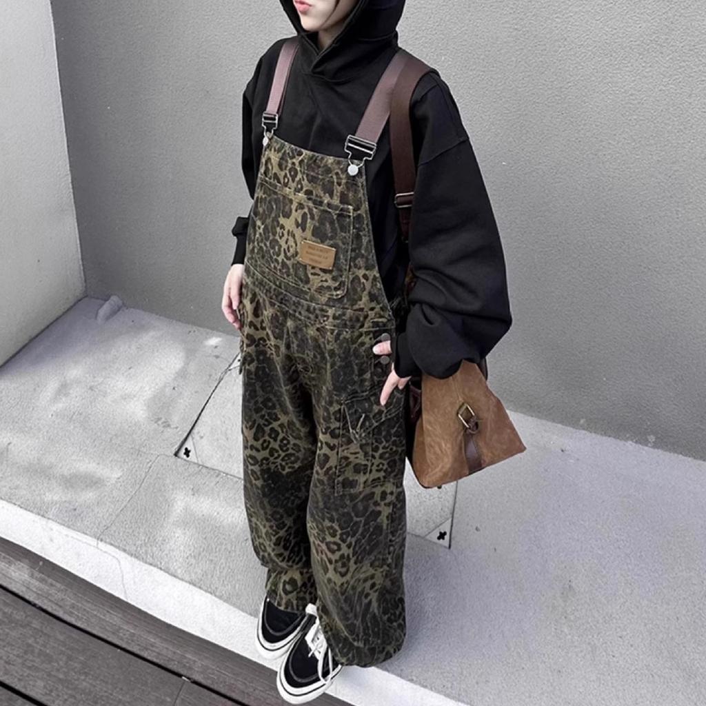 Damen Leopard Jumpsuits Y2k Kleidung Streetwear Weitbeinige Baggy Jumpsuits Mehrere Taschen Locker Cargo Overalls Rompers