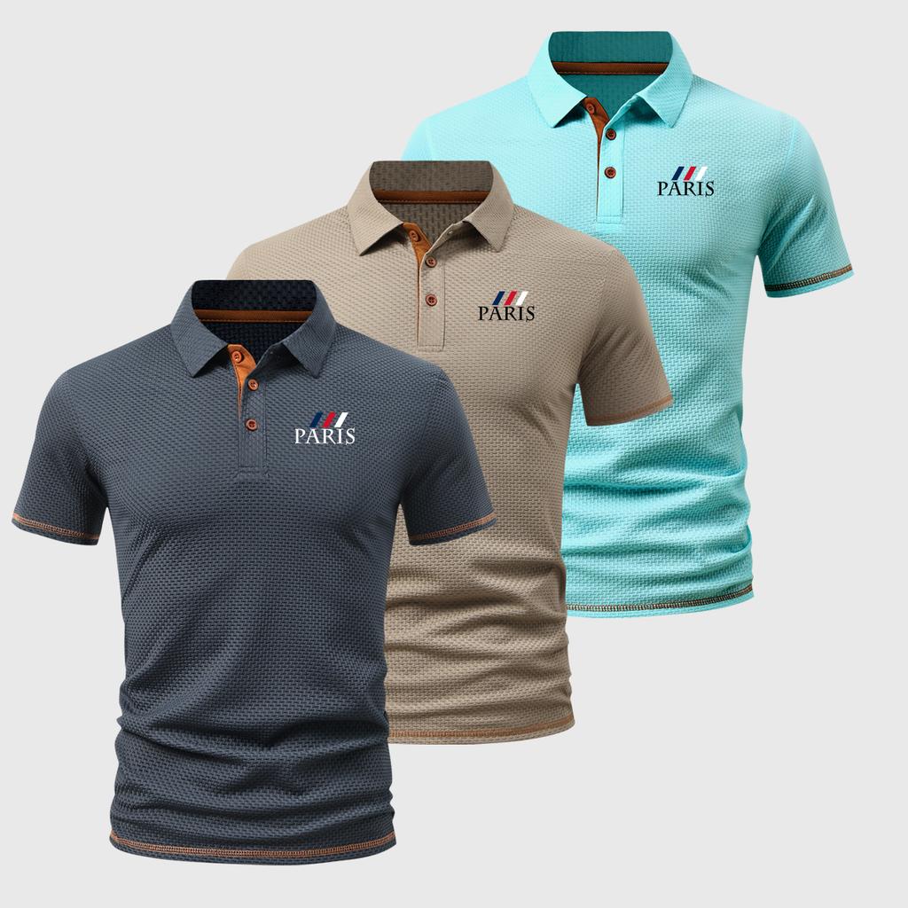 Lightweight and breathable men's 3pcs set- short-sleeve polo shirt with a simple three-button design—perfect for everyday work and casual wear