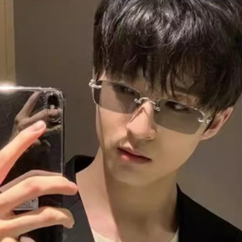 Korean Rimless Photochromic Sunglasses with Polarized Lenses and UV Protection [88flix] Color-Changing (Silver)