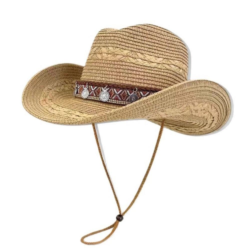 with Wind Lanyard Straw Cowboy Hat Wide Brim Panama Sun Hat Fashion Beach Hat Vacation