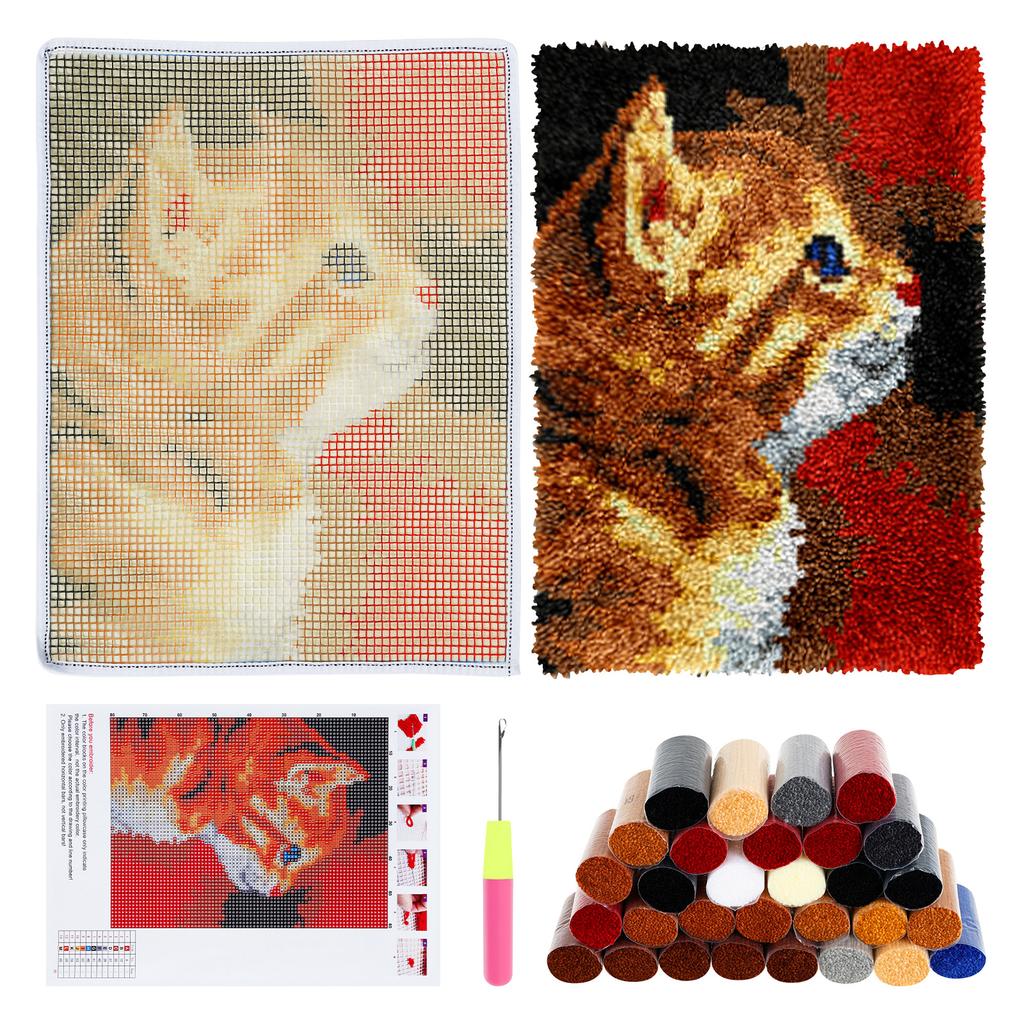 Cute Cat Style Latch Hook Rug Kit Beginners Starter DIY Pre Printed Bright Color Latch Carpet Making Tool Kit with Instructions