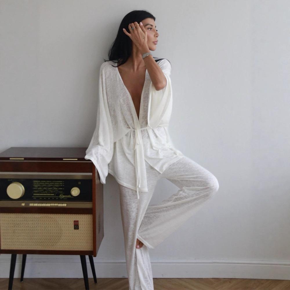 Women s 2 Piece Loungewear Set Wrap V Neck Tie Waist Long Sleeve Top Flared Long Pants Suit S