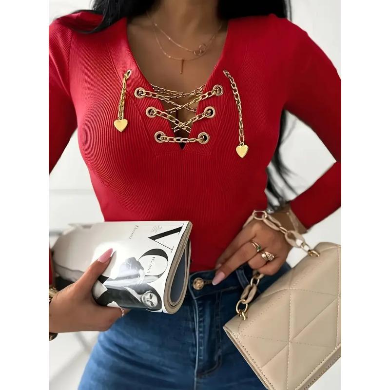 Elegant and Stylish Long-sleeved V-neck Chainless Women's Fall/winter Casual T-shirt