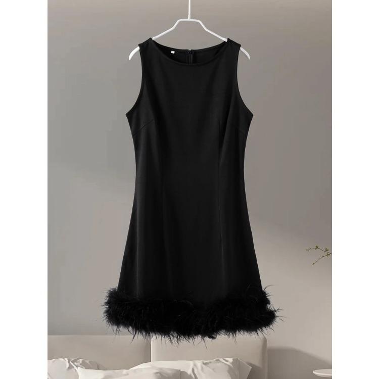 Elegant Mini Dress Women Loose Round Neck Patchwork Feather Sleeveless Robe Female 2024 Fashion Solid Party Chic Evening Dresses