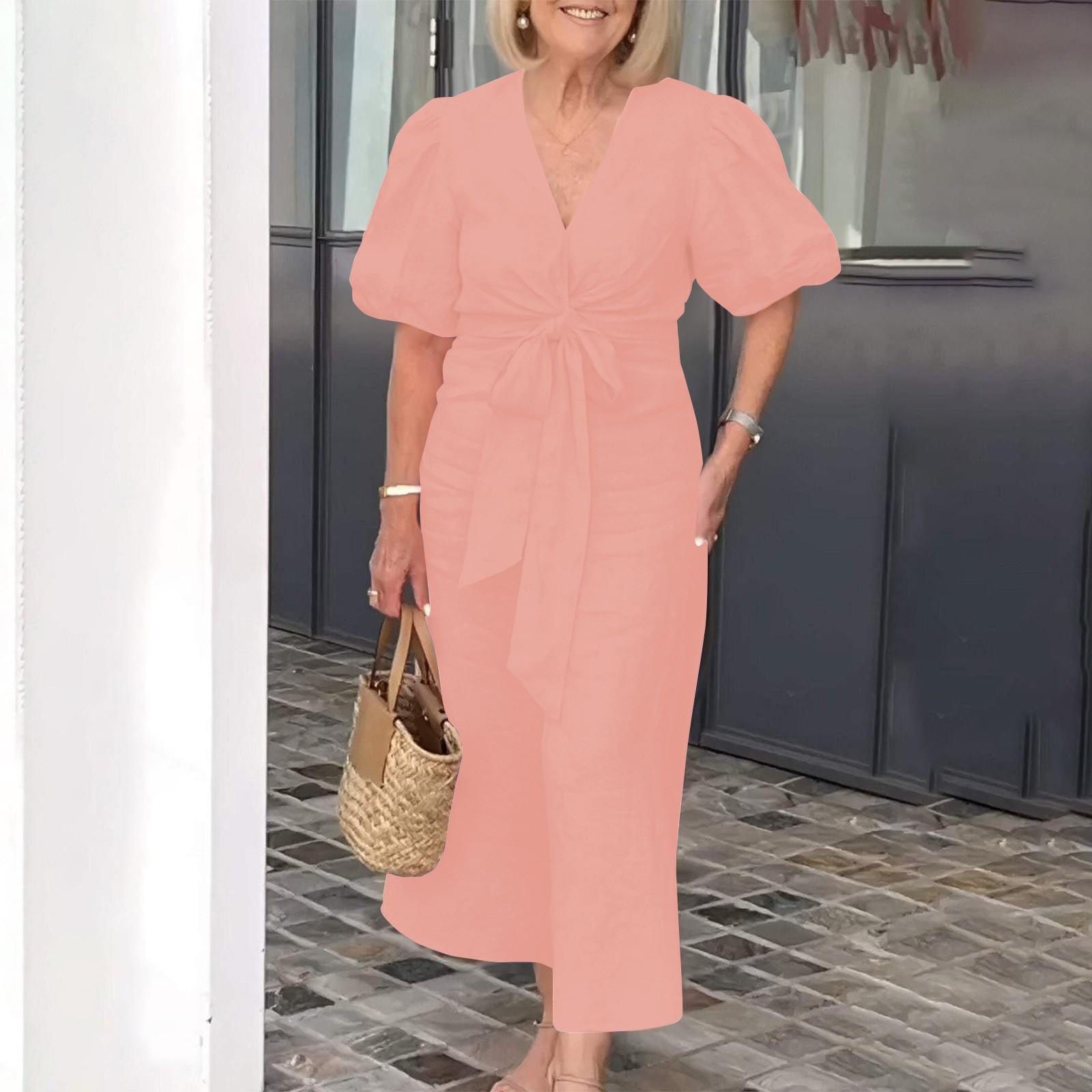 

Женское длинное однотонное хлопковое платье с V-образным вырезом и рукавами-пузырьками, модное платье XXXXL розовый