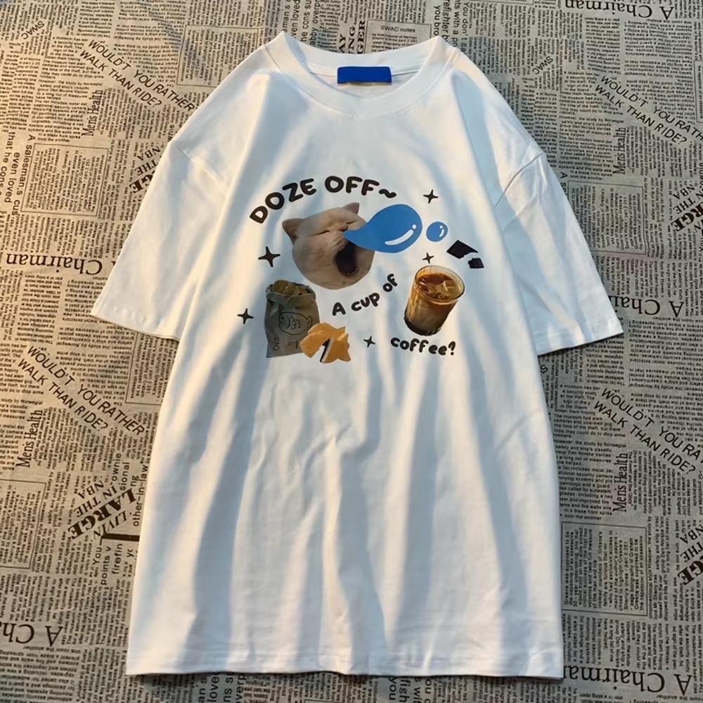 

Футболка Sleepy Cat American Retro Cute Print Design с короткими рукавами для мужчин и женщин, уличная свободная хлопковая с короткими рукавами в японском стиле S