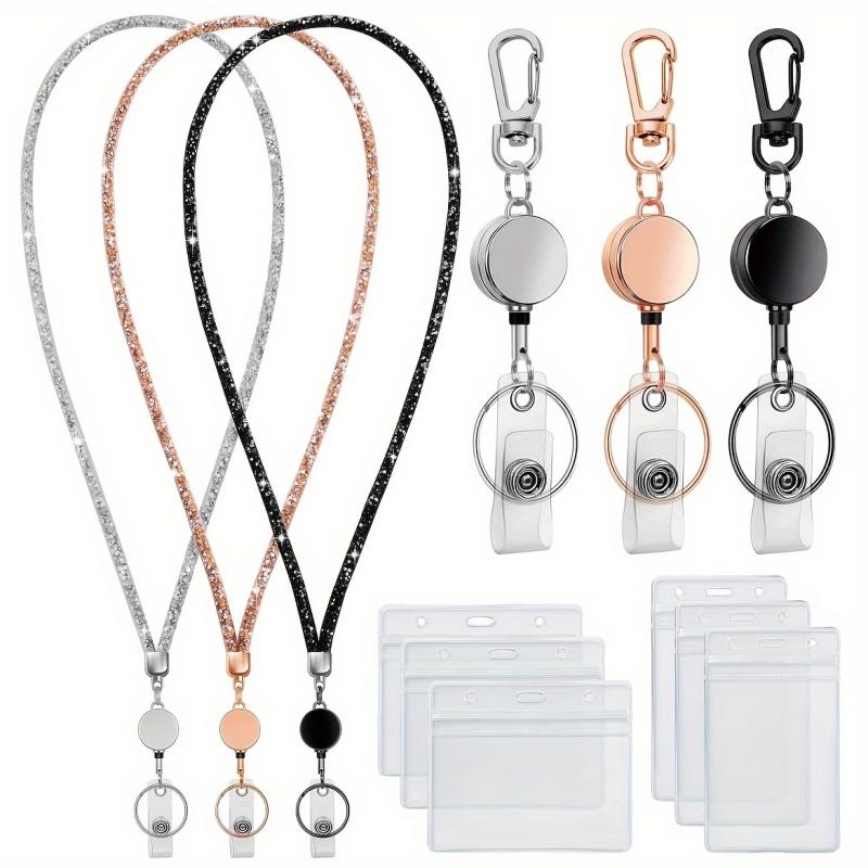 Bling Rhinestone Retractable Keychain Lanyard For Id Badge Holder Crystal Neck Chain For Women Men Work Id Card Accessory