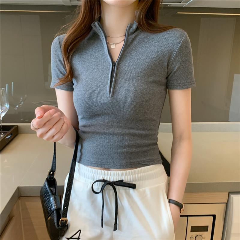 Summer New Slim Fit Cotton Short Sleeve Casual T-shirt Women Fashion Zipper Stand Temperament Simple Woman Tshirts Elegant Office Lady Tees Tops 26570