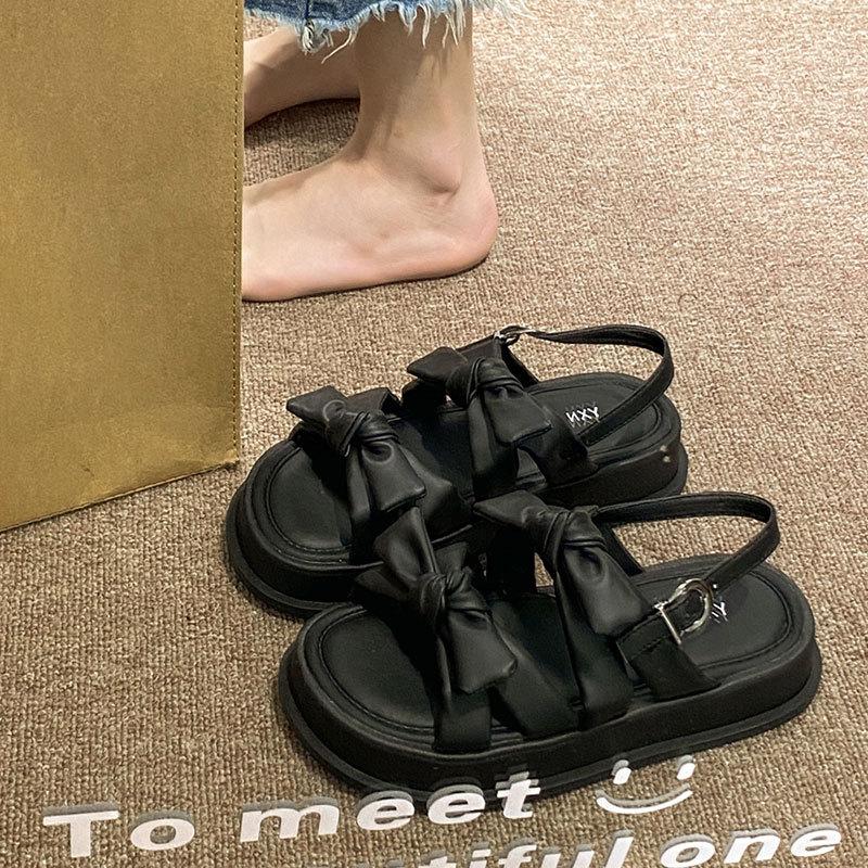 Platform Sandals Women's Summer New Bow French Retro with Skirt Casual Beach Roman Shoes