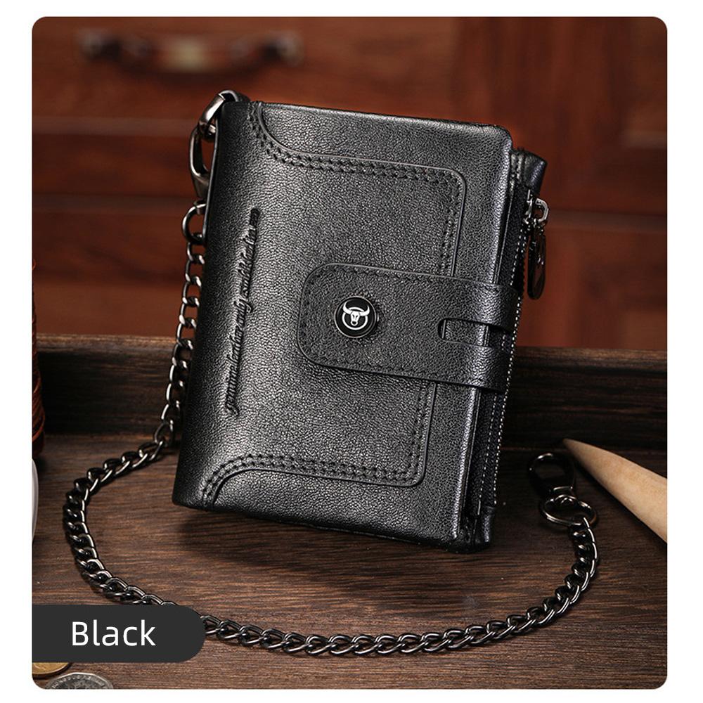 Cartera para hombre con cadena, de piel auténtica, plegable