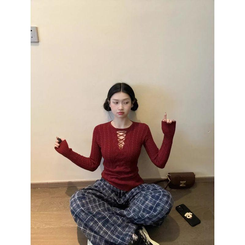 

Pure Red Want Sexy Style Retro Design Waist-Tight Slim Looking Bottoming Shirt Sweater Slim Fit Inner Wear Knitting Tops Winter Black 2XL
