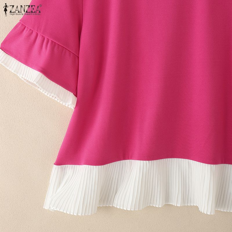 ZANZEA Women Casual Round Neck Summer Short Sleeve Blouse