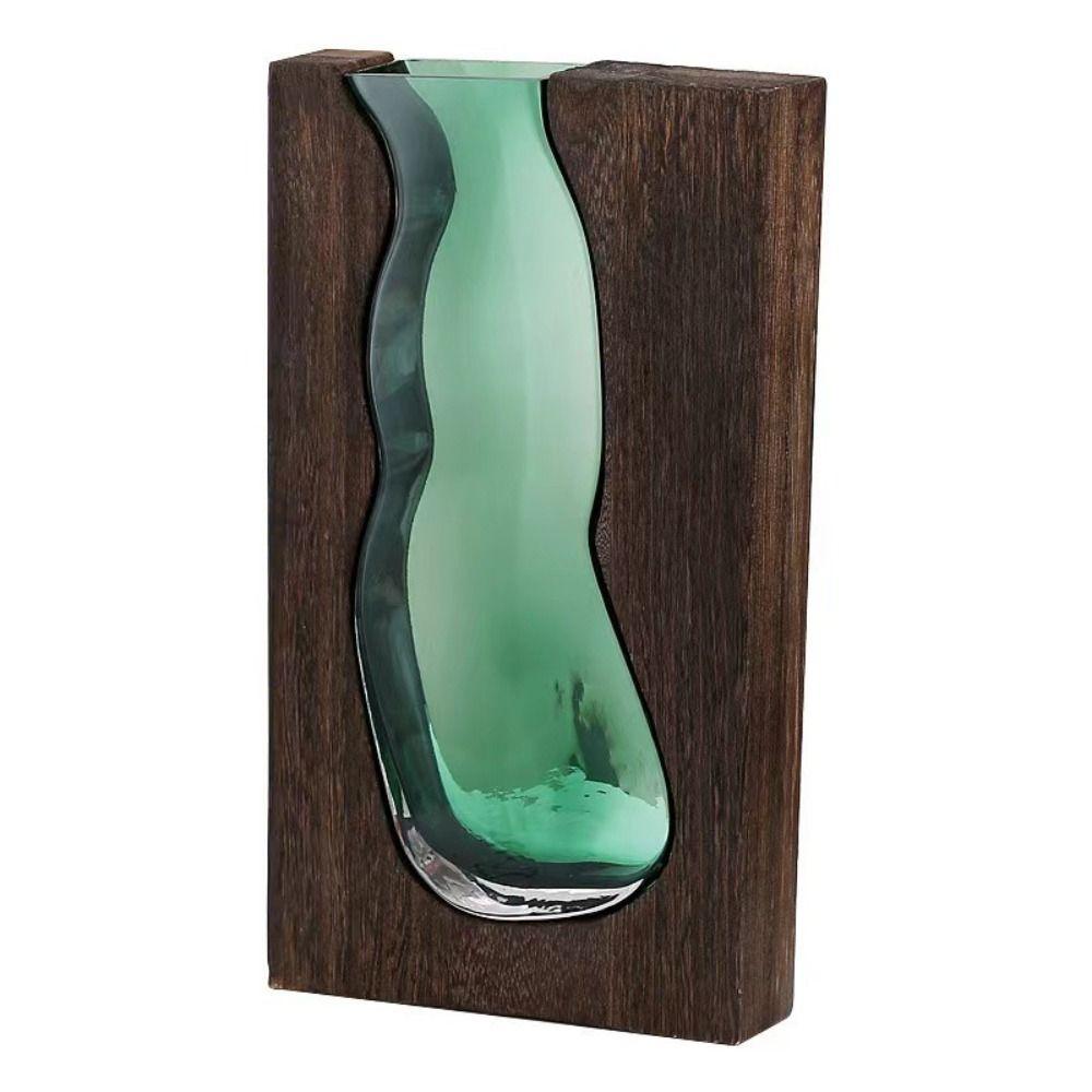Wooden Glass Vase Transparent Flower Pot Desktop Ornament Hydroponic Flower Holder  Office