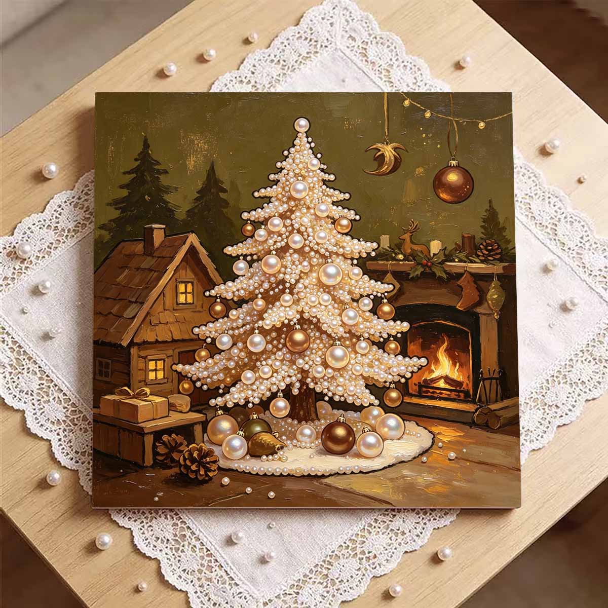Набор для DIY-рисования жемчугом в мини-рамке, холст, декор для дома, картина, рождественская елка, камин, праздничное украшение, подарок 20x20 black