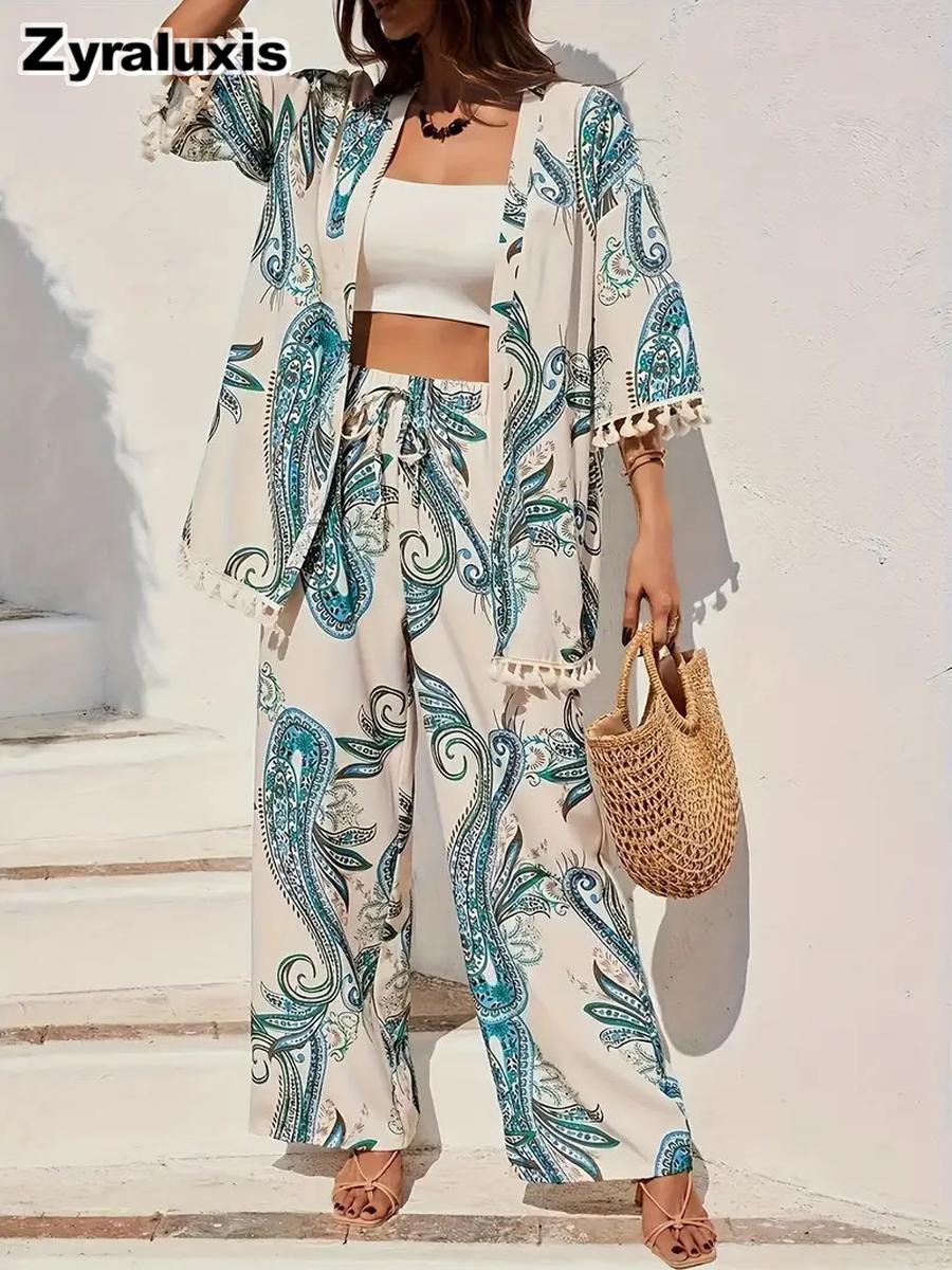 Printed Vacation Set Ruffled Hem Cardigan and Wide Leg Pants Set S синий