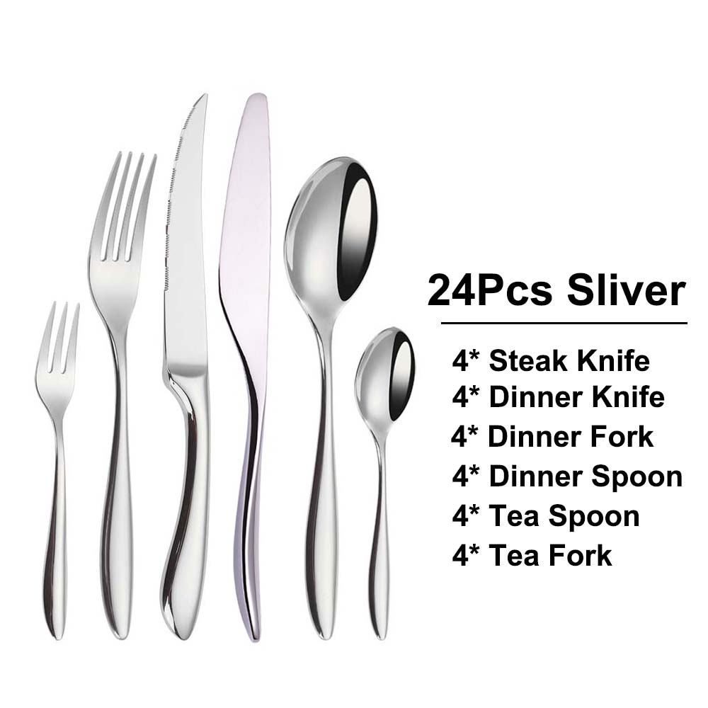 6/16/20/24Pcs Sliver Tableware Stainless Steel 304 Cutlery Set Mirror Fork Spoon Western Dinner Set Smooth Handle Flatware4
