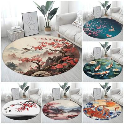 Japanischer Stil Runder Teppich Tuschemalerei Stil Wohnzimmer Dekorative Matte Bodenmatte Berglandschaft Kirschblüte Andere Elemente