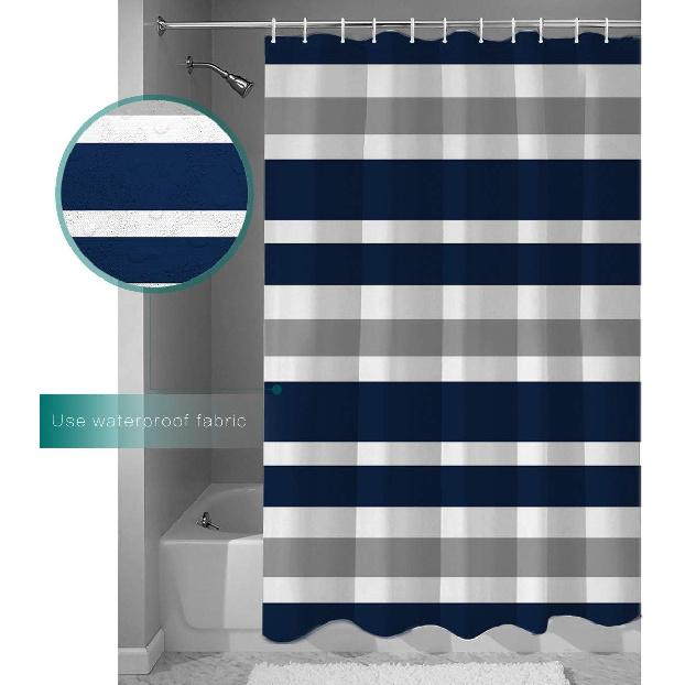 Striped Shower Curtain Navy Blue and Gray, Blue and White Striped Shower Curtain with Hooks for Bathroom Waterproof Bath Curtains for Home Hotel, 72"