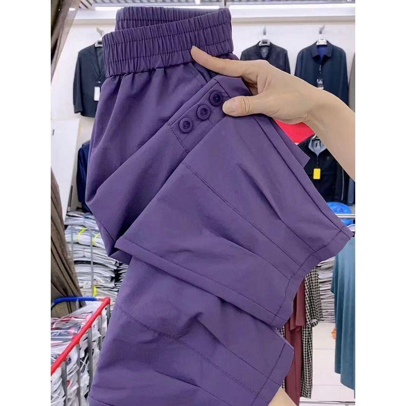 

European Goods Thin Mesh Plaid Loose High Waist Cropped Pants Violet M