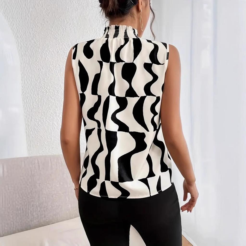 European and American garlic rice with whole body printed small turtleneck sleeveless shirt