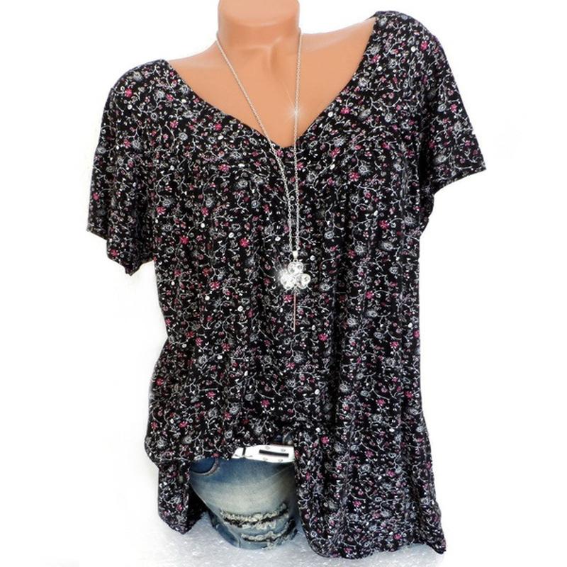 Ladies Summer Short Sleeve Printed T-shirt Women V-neck Loose Blouse Tops Tee Holiday Plus Size