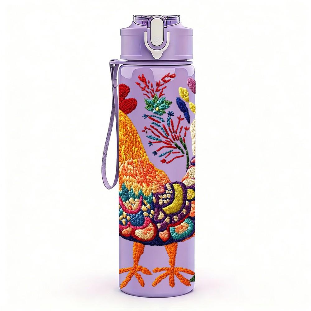 1PC Colorful Rooster Folk Art Pattern 750ml Color Plastic Sports Water Bottle Leakproof Flip Straw Lid Suitable for Sports Office Home Use