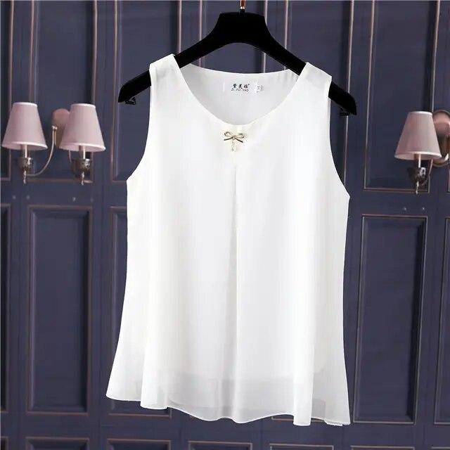 Women Chiffon Shirt Summer Sleeveless O-neck Blouse Casual Solid White/Red Loose Oversized Female Tops