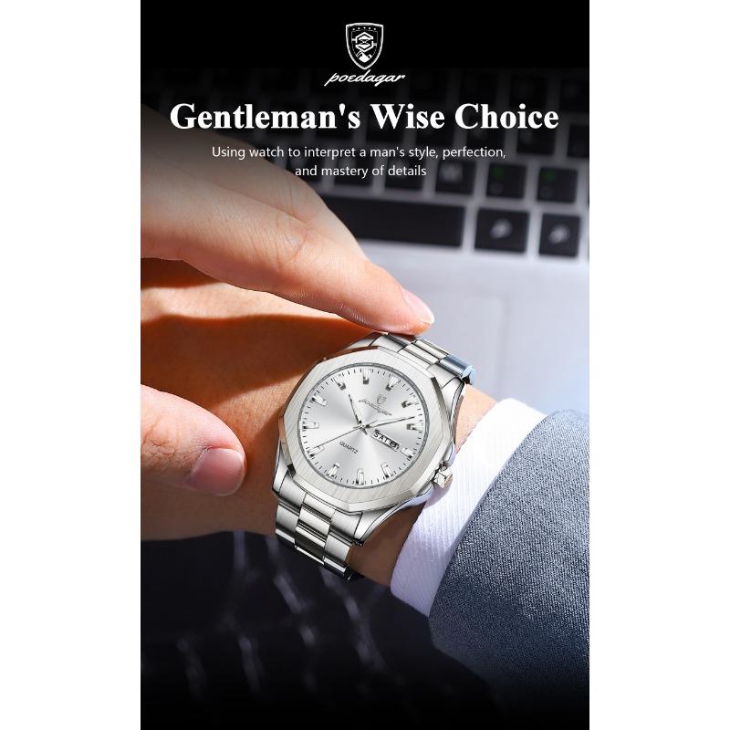 POEDAGAR Luxury Men Wristwatch Waterproof Luminous Week Date Casual Clock Stainless Steel Quartz Fashion Watches Reloj