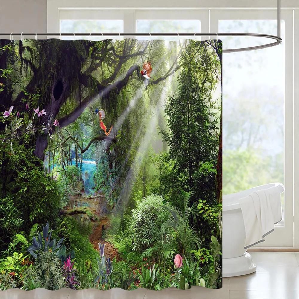 Tropical Forests Shower Curtain Aesthetic Woods Bird Fabric Bathroom Curtain Natural Scenery Home Decor Bathroom Accessories Set