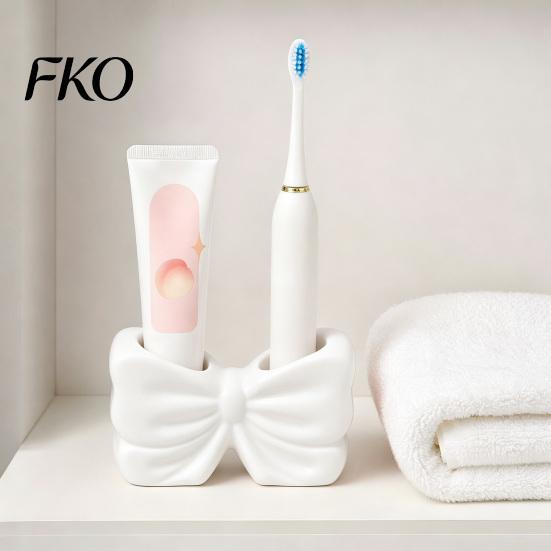 Sweet Style Bathroom Decor 3D Printed Bow Toothbrush Holder, Adhesive Cup with Dual Holes for Counter Organizer & Toothpaste, Cute Decor,